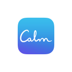 Calm: Happiness & Peace | Free Your Mind Initiative Phone screen showing Calm app with a nature scene, meditation timer, and LeBron James on mental fitness.