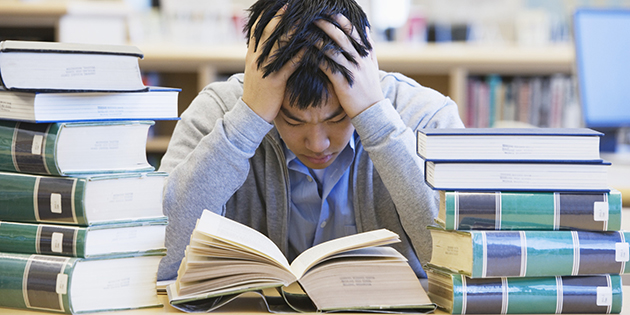 Overworked student at desk late at night. Text: "Study/Work Stress." Warns against romanticizing overwork and glorifying suffering without rest.